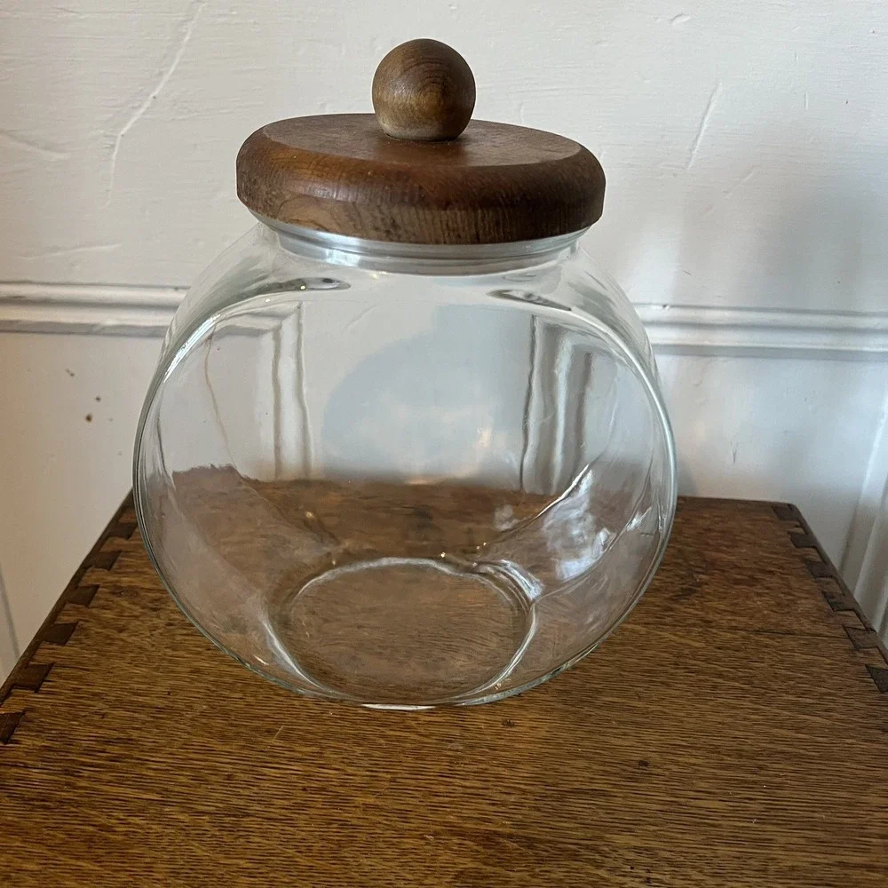 Vintage Round Glass Canister Storage Jar Wood Lid Ball Knob 1960s Clear